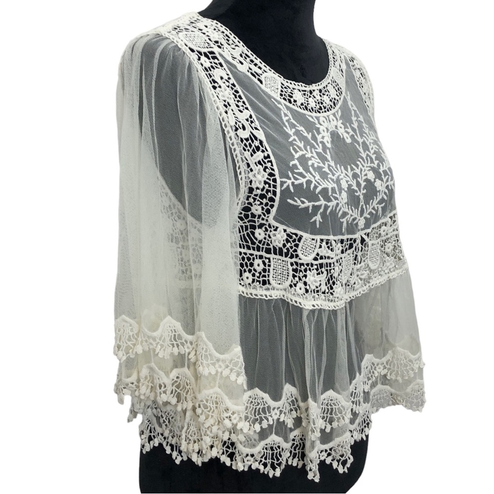 Sheer Romantic Lace Embroidered Gypsy Bride Mesh Bell Sleeve Blouse Top Small - Picture 5 of 12